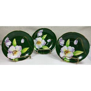 Silver China Occupied Japan Green Hand Painted Flowers Gold Trim Saucer Set Of 3